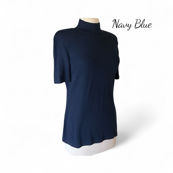 Navy Blue Women's Knit Short Sleeve Removable Shoulder Pads Top - Picture 1 of 11